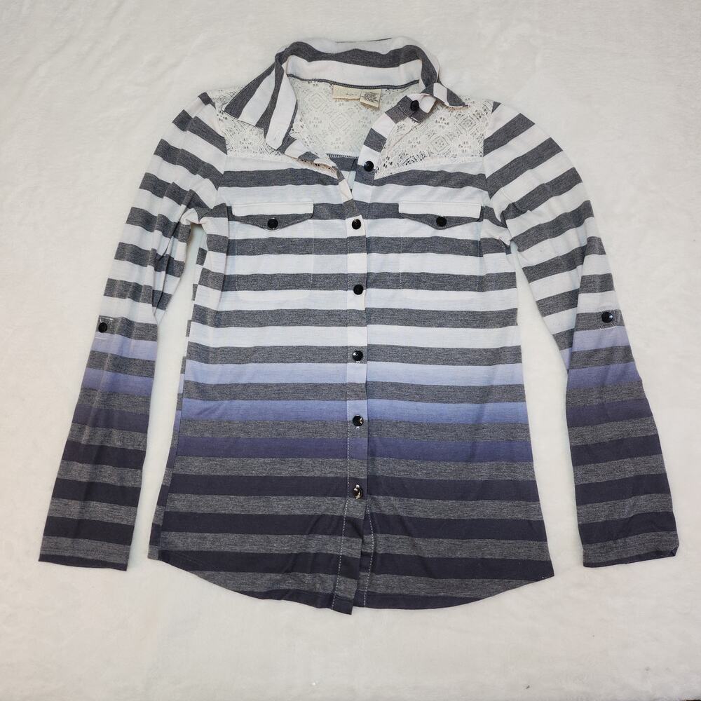 Vintage Y2k Indie Sleaze Striped Long Sleeve Shirt Womens Small White Gray Lace